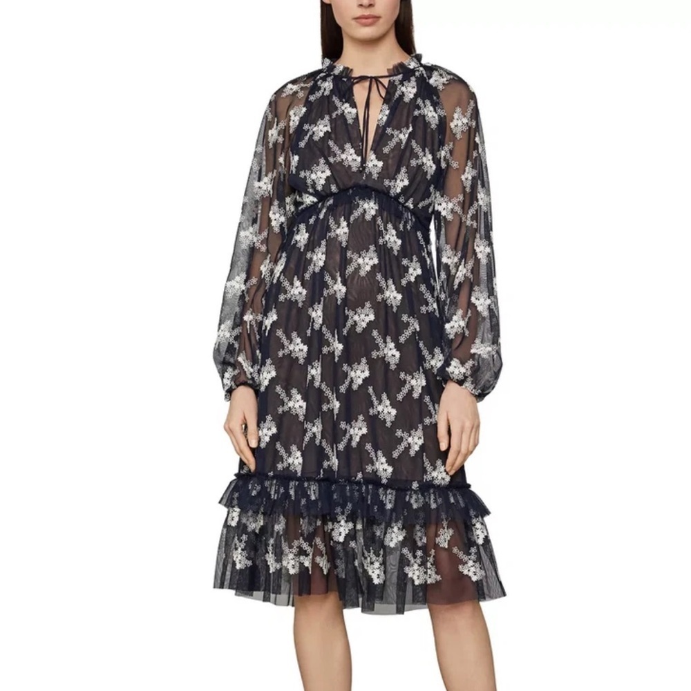 BCBGMAXAZRIA Embroidered Mesh Dress Dark Midnight Blue Floral Ruffle Size XXS